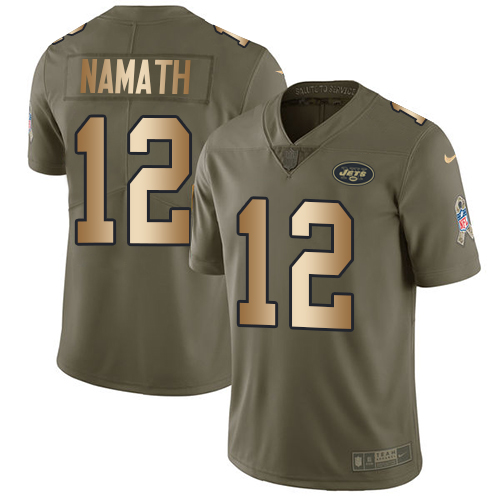 Nike Jets #12 Joe Namath Olive/Gold Men's Stitched NFL Limited Salute To Service Jersey - Click Image to Close